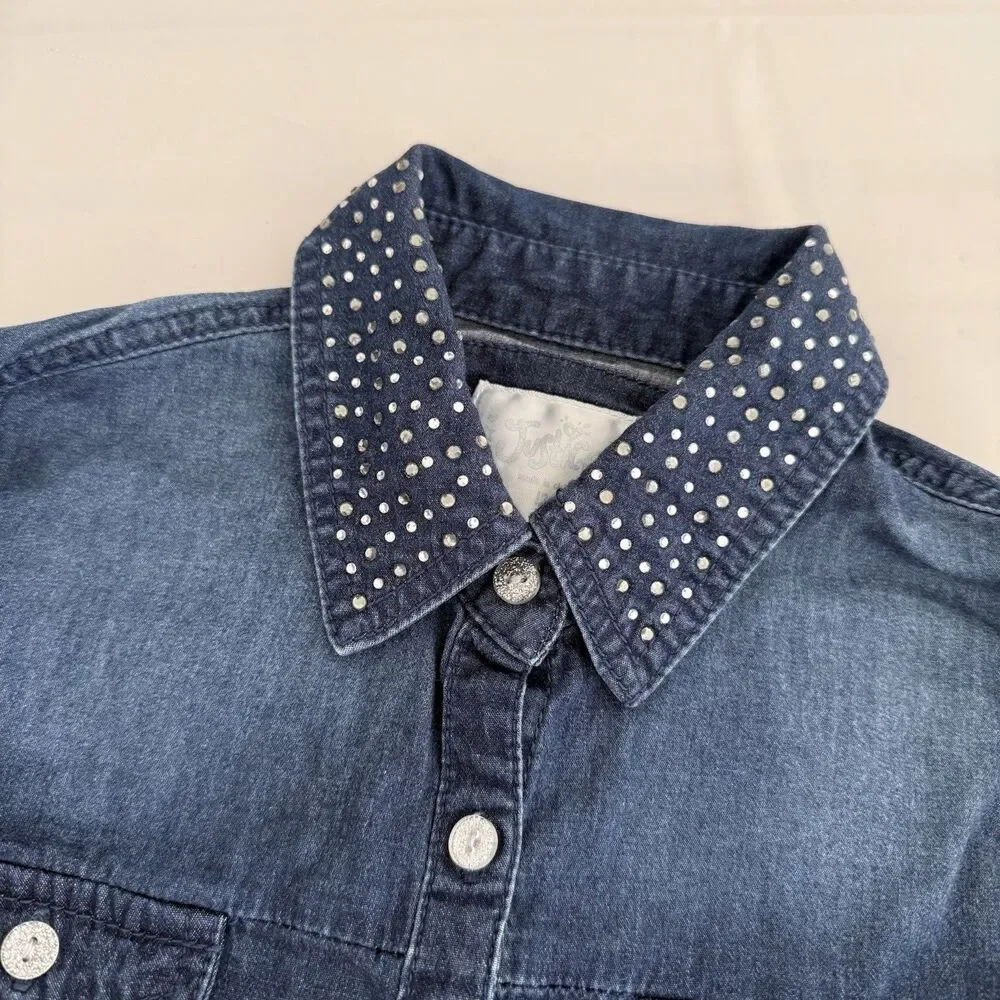 Justice Girls 12 Denim Button Down Shrit Western Rhinestone Sparkle Blue Country
